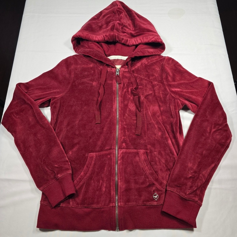 Vintage Hollister Women Burgundy Red Velour Zip Up Hoodie Sweatshirt Size M Y2K